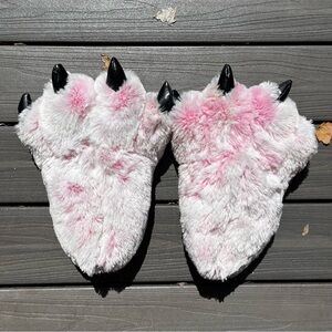 Plush Pink Monster Paw Womens Slippers with Black Claws